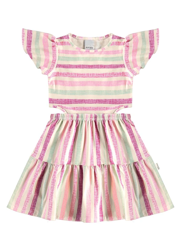 Malwee Kids - Vestido Godê Listrado em Cotton Rosa