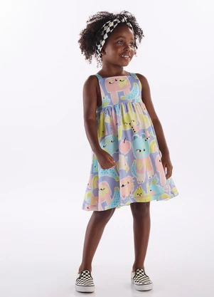 Três e Já - Vestido Infantil Algodão e Viscose Azul - TRÊS E JÁ