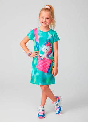 Laluna - Vestido Infantil Bolsa e Unicórnio Verde - LALUNA