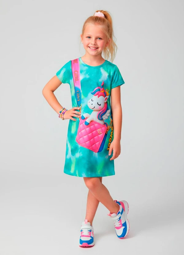 Laluna - Vestido Infantil Bolsa e Unicórnio Verde