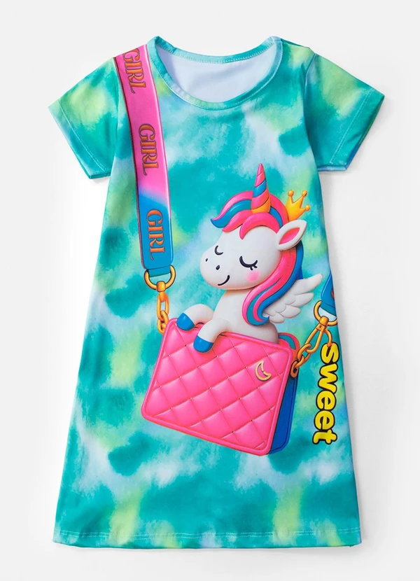 Laluna - Vestido Infantil Bolsa e Unicórnio Verde 3