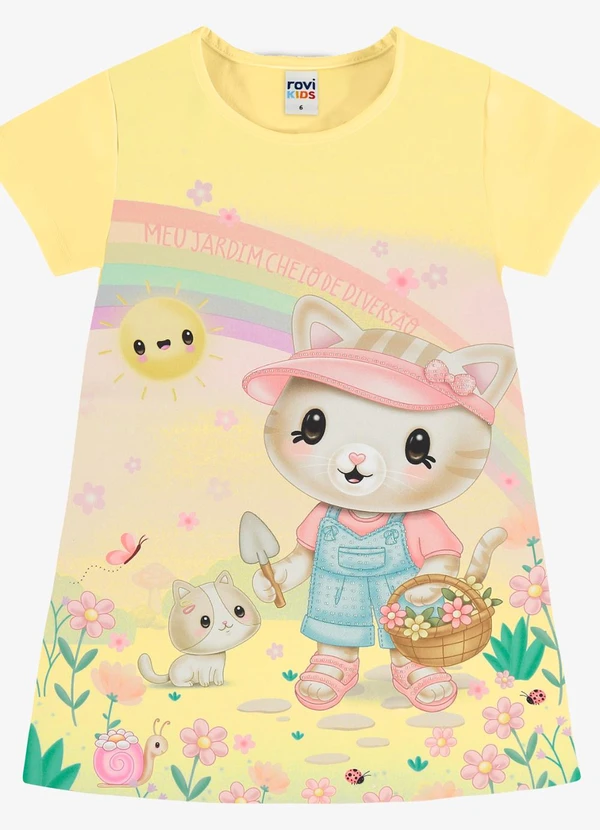 Rovi Kids - Vestido Infantil com Estampa de Gatinho Amarelo