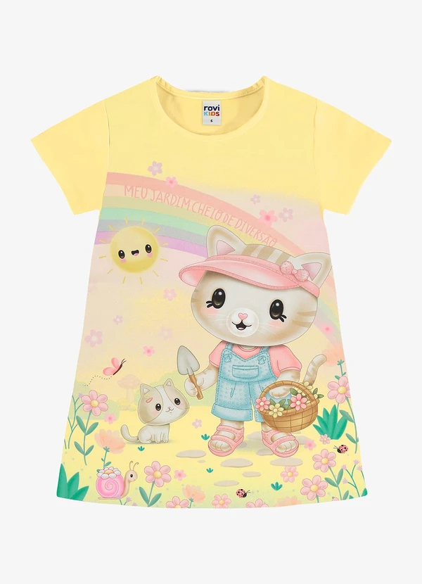 Rovi Kids - Vestido Infantil com Estampa de Gatinho Amarelo