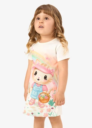 Rovi Kids - Vestido Infantil com Estampa de Gatinho Bege - ROVI KIDS