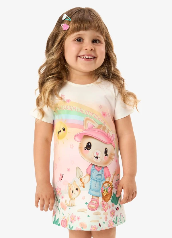 Rovi Kids - Vestido Infantil com Estampa de Gatinho Bege