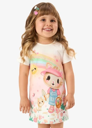 Rovi Kids - Vestido Infantil com Estampa de Gatinho Bege - ROVI KIDS
