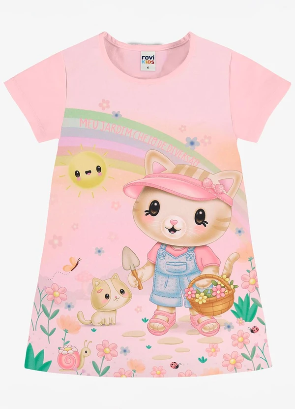 Rovi Kids - Vestido Infantil com Estampa de Gatinho Rosa