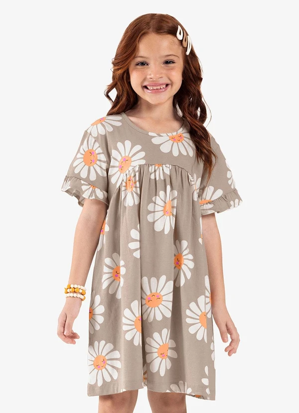Rovitex - Vestido Infantil com Estampando Flores Bege