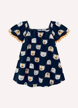 Kyly - Vestido Infantil com Fita de Pompom Azul Marinho - KYLY