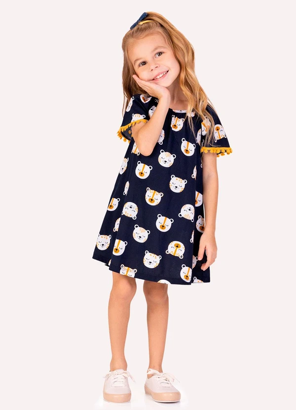Kyly - Vestido Infantil com Fita de Pompom Azul Marinho