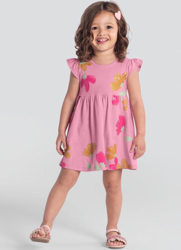 Brandili - Vestido Infantil com Flores e Glitter Rosa