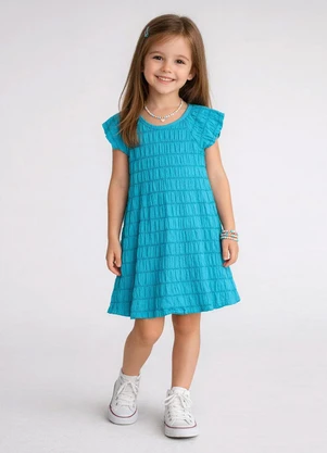 Select - Vestido Infantil com Franzido na Manga Azul - SELECT