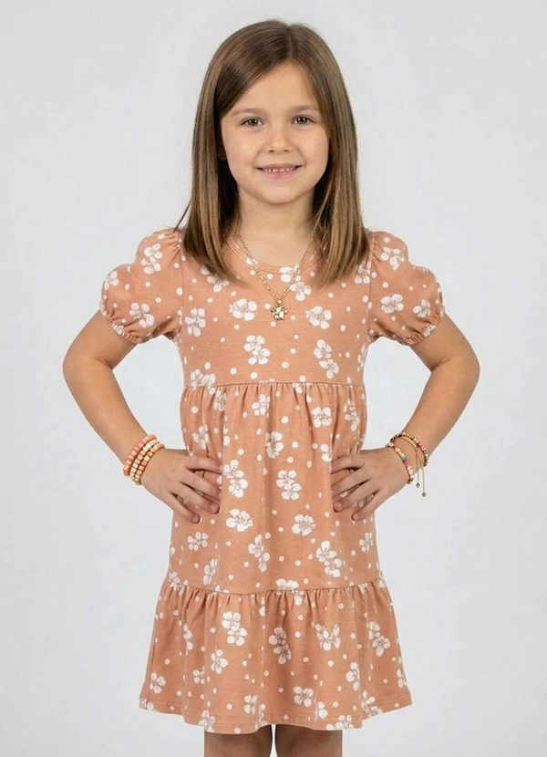 Select - Vestido Infantil com Franzido na Saia Marrom