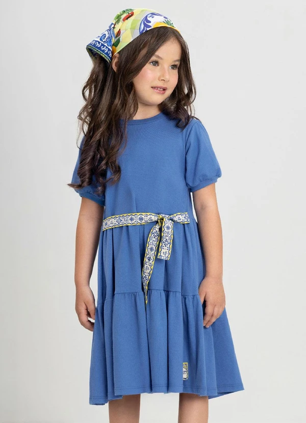 Up Baby - Vestido Infantil com Manga Bufante Up Baby Azul