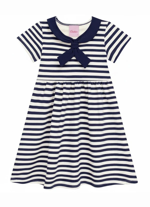 Duduka - Vestido Infantil com Pala Estampa Listras Azul