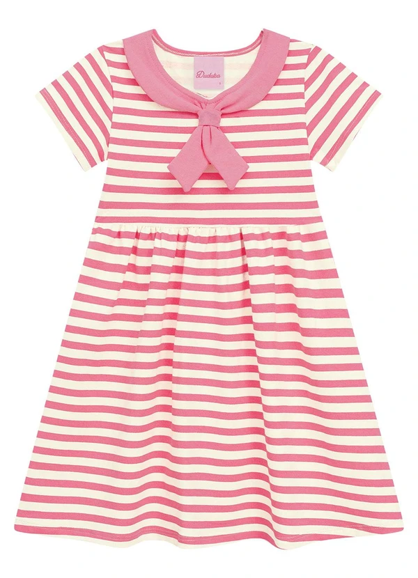 Duduka - Vestido Infantil com Pala Estampa Listras Rosa