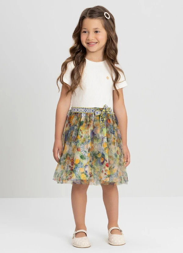 Up Baby - Vestido Infantil com Tule Estampado Up Baby Branco