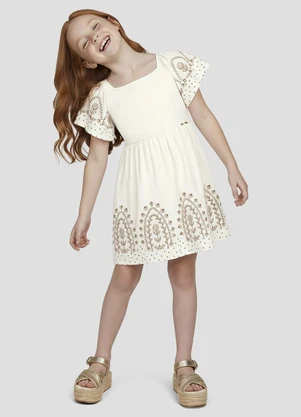 Kely Kety - Vestido Infantil Cotton Bordado Bege - KELY KETY
