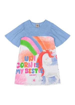 Quimby - Vestido Infantil Cotton Unicórnio Azul - QUIMBY