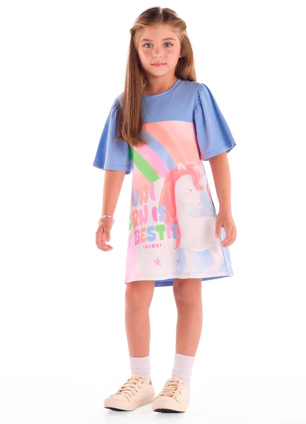 Quimby - Vestido Infantil Cotton Unicórnio Azul