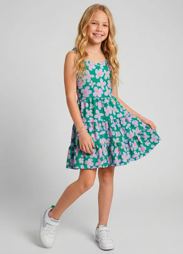 Laluna - Vestido Infantil de Alcinha Florido Verde