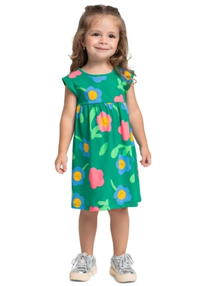 Bee Loop - Vestido Infantil de Florezinhas Verde - BEE LOOP