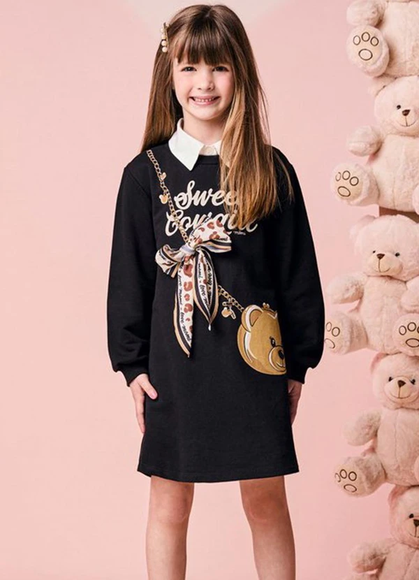 Momi - Vestido Infantil de Moletom com Bolsa de Ursinho