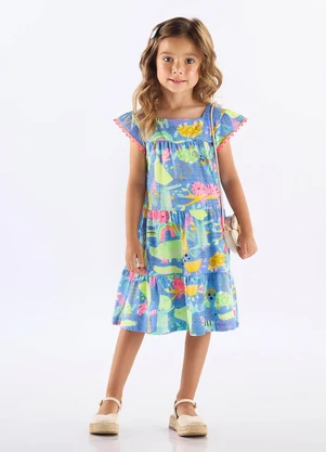 Up Baby - Vestido Infantil em Algodão Flamê Azul - UP BABY