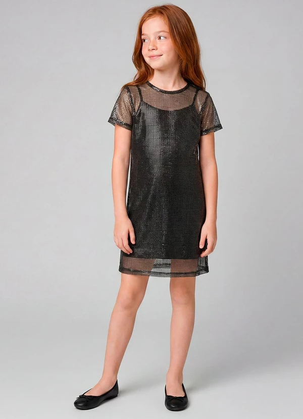 Marlan - Vestido Infantil em Cotton e Telinha Shine Preto