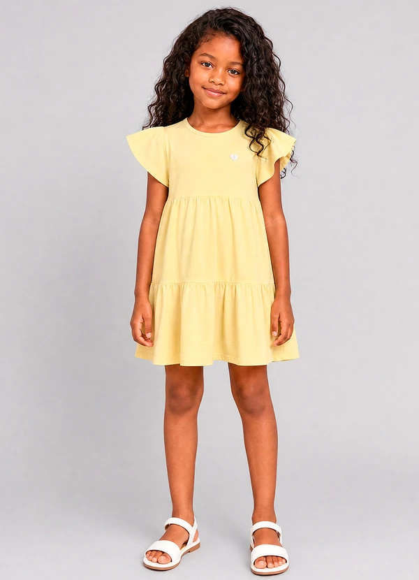 Marlan - Vestido Infantil em Cotton Penteado Amarelo