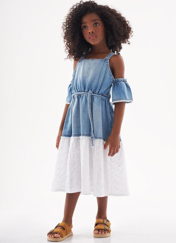 Up Baby - Vestido Infantil em Jeans e Laise Azul