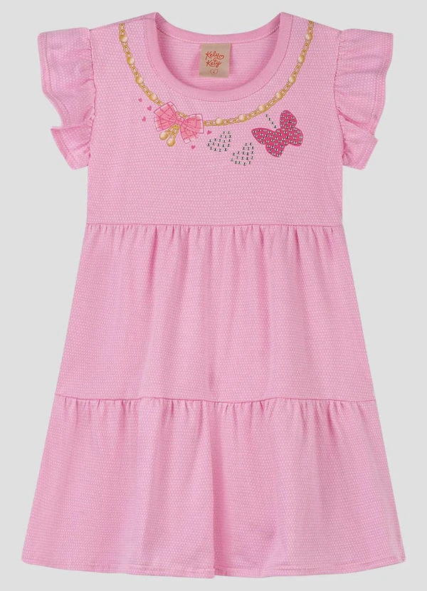 Kely Kety - Vestido Infantil em Malha Trabalhada Collor Rosa