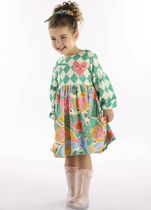 Três e Já - Vestido Infantil em Molecotton Verde - TRÊS E JÁ