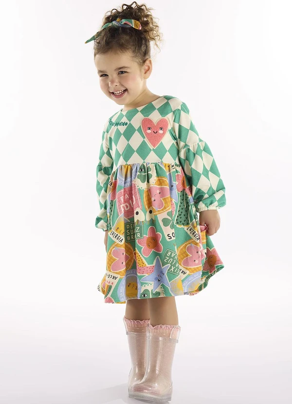 Três e Já - Vestido Infantil em Molecotton Verde