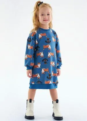 Up Baby - Vestido Infantil em Moletom Azul - UP BABY