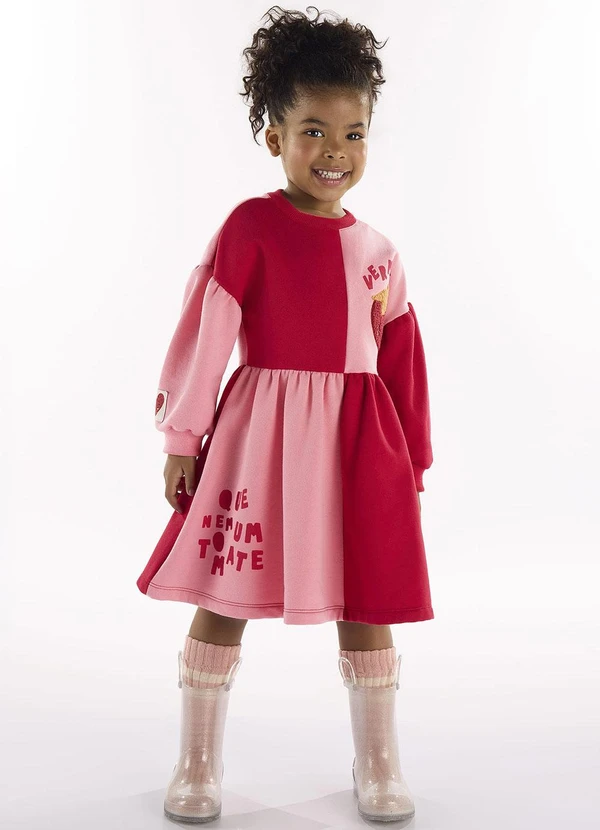 Três e Já - Vestido Infantil em Moletom Vermelho