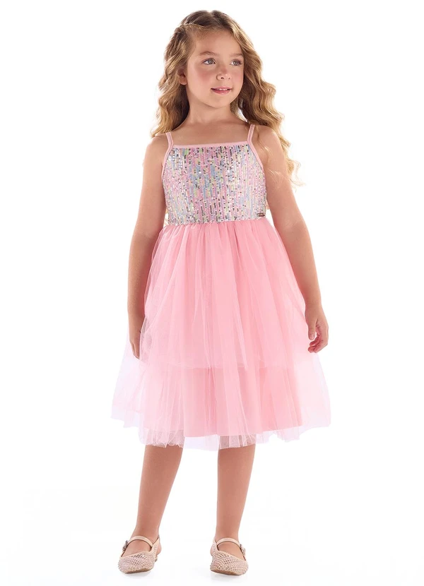 Quimby - Vestido Infantil em Paetê e Tule Rosa