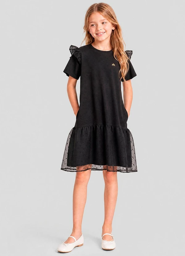 Milli e Nina - Vestido Infantil em Twill com Organza Preto