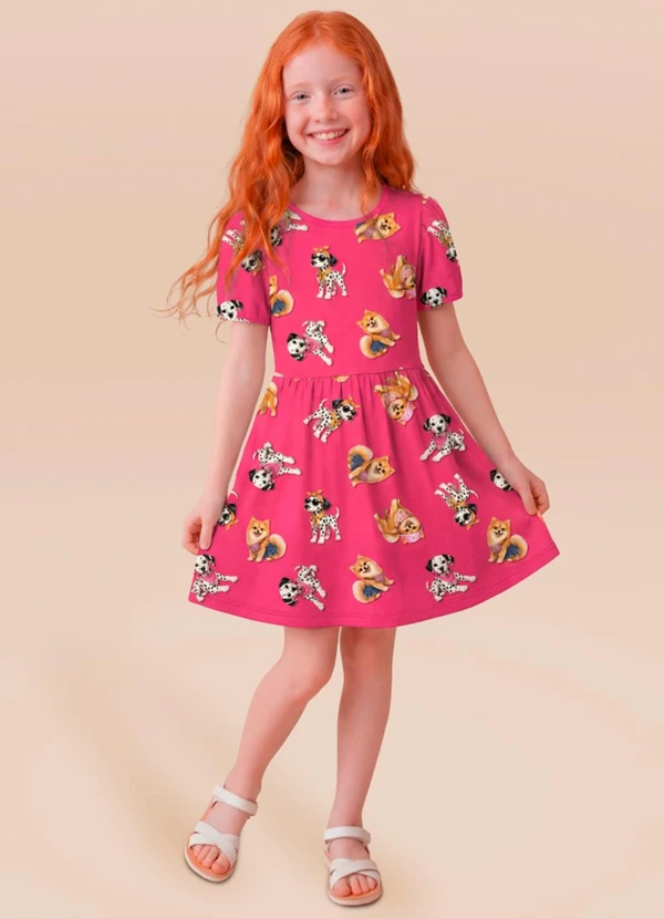 Brandili - Vestido Infantil Estampa Cachorros Rosa
