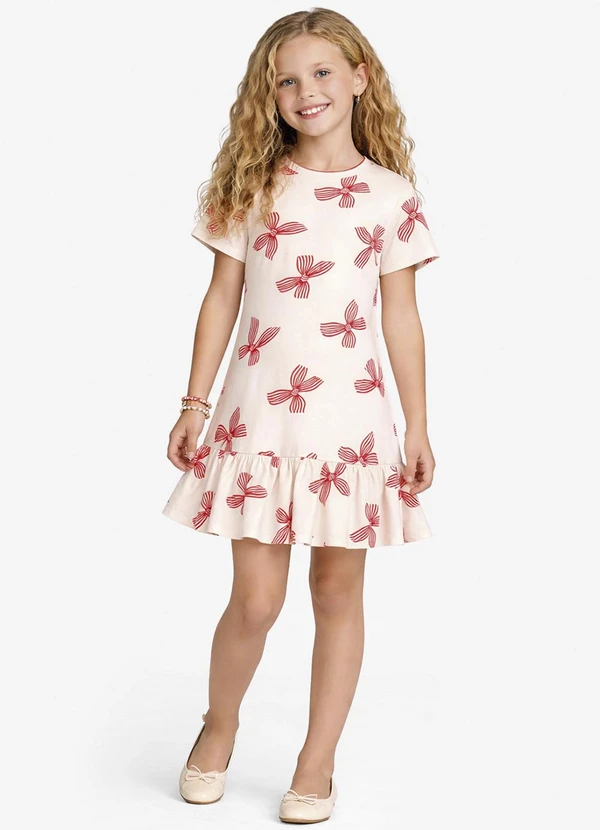 Rovitex - Vestido Infantil Estampado Decote Retilínea Bege