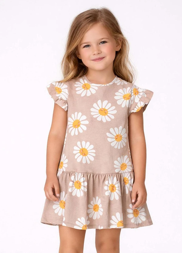 Select - Vestido Infantil Estampado e Franzidos Bege