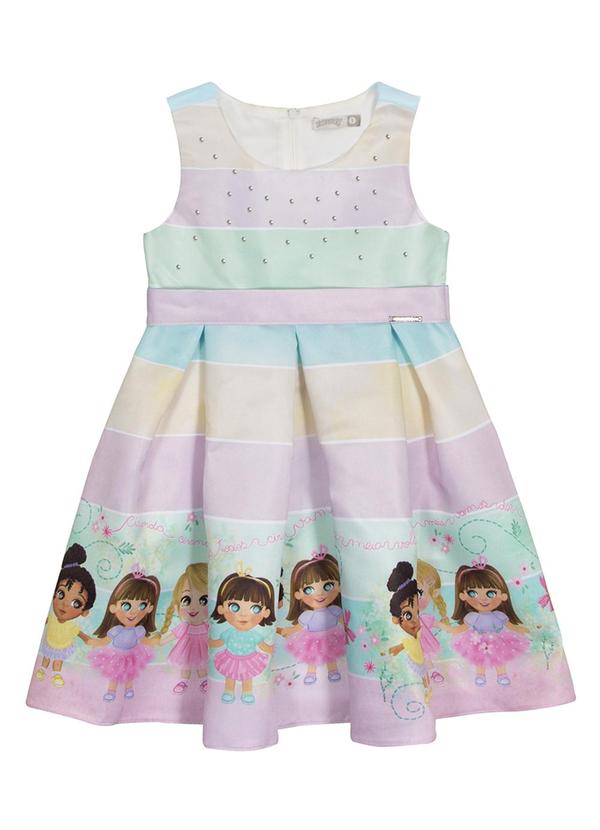 Alakazoo - Vestido Infantil Evasê Estampado com Strass Rosa