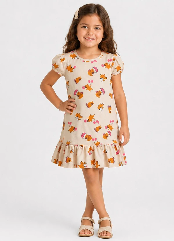 Select - Vestido Infantil Feminino em Cotton Leve Bege