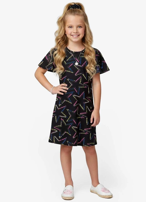Select - Vestido Infantil Feminino Estampado Preto