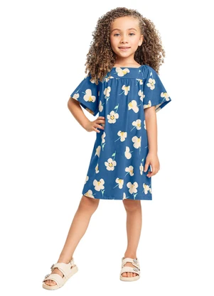 Vestido Infantil Floral em Cotton Bee Loop Azul - BEE LOOP