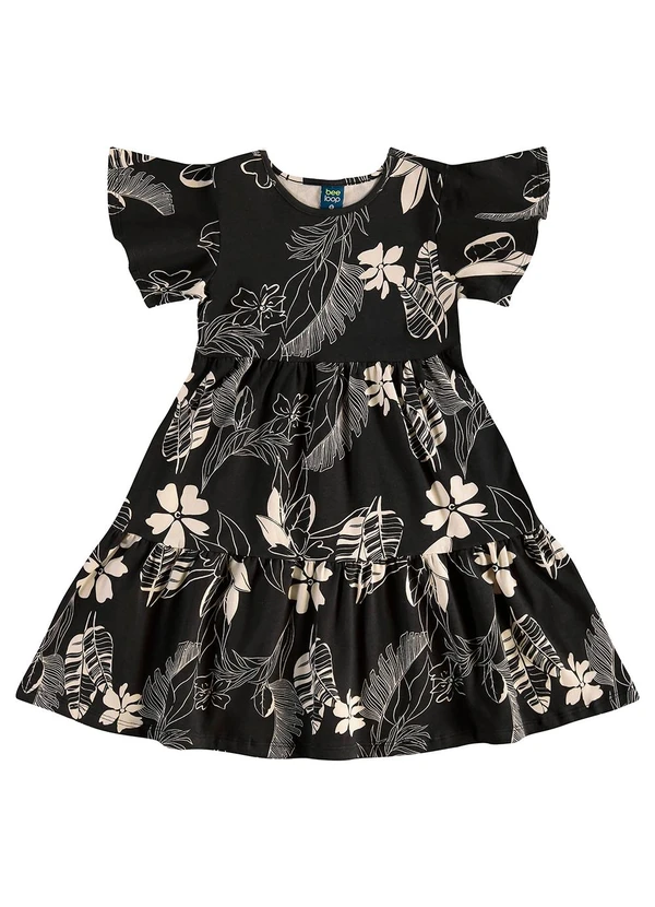 Bee Loop - Vestido Infantil Floral em Cotton Preto