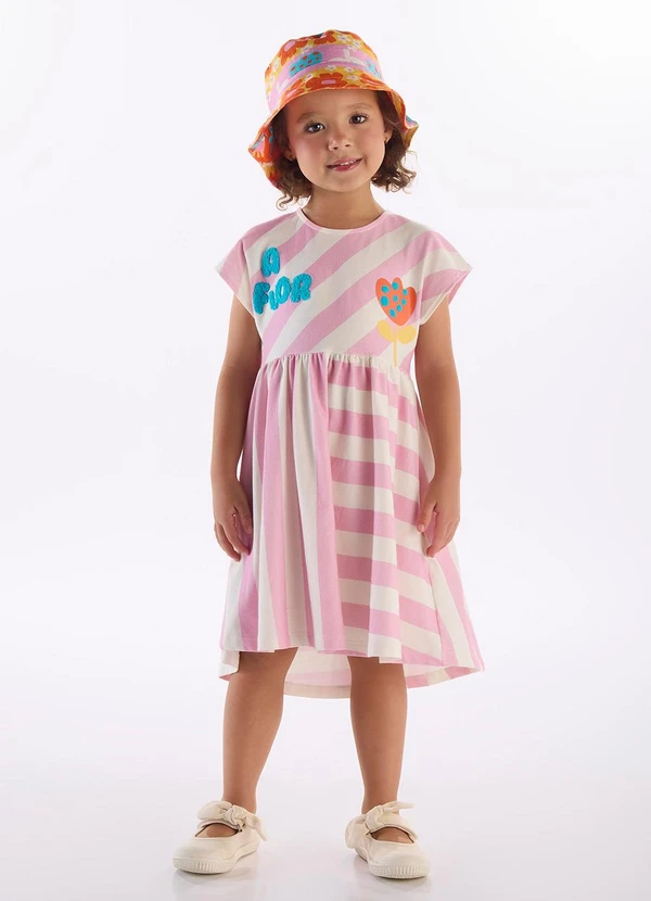 Três e Já - Vestido Infantil Flores em Cotton Branco