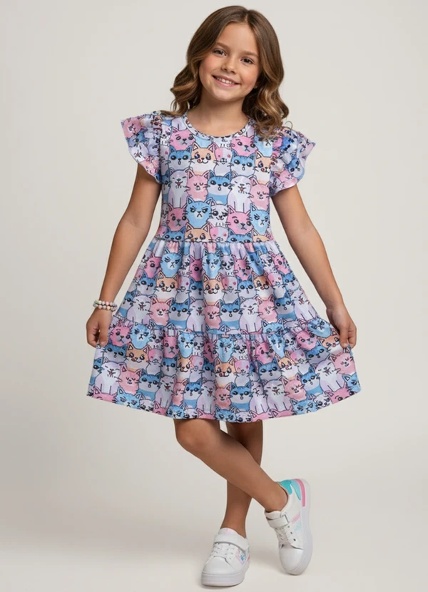 Laluna - Vestido Infantil Gatos Rotativos Multicores