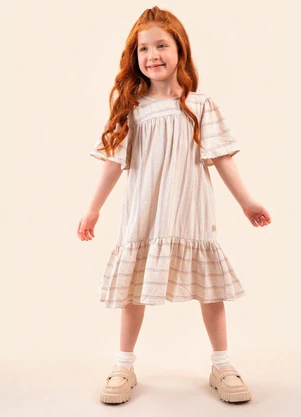 Bugbee - Vestido Infantil Linho Listrado Branco - BUGBEE
