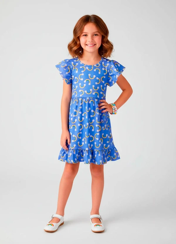 Laluna - Vestido Infantil Manga Curta Arco-Íris Azul